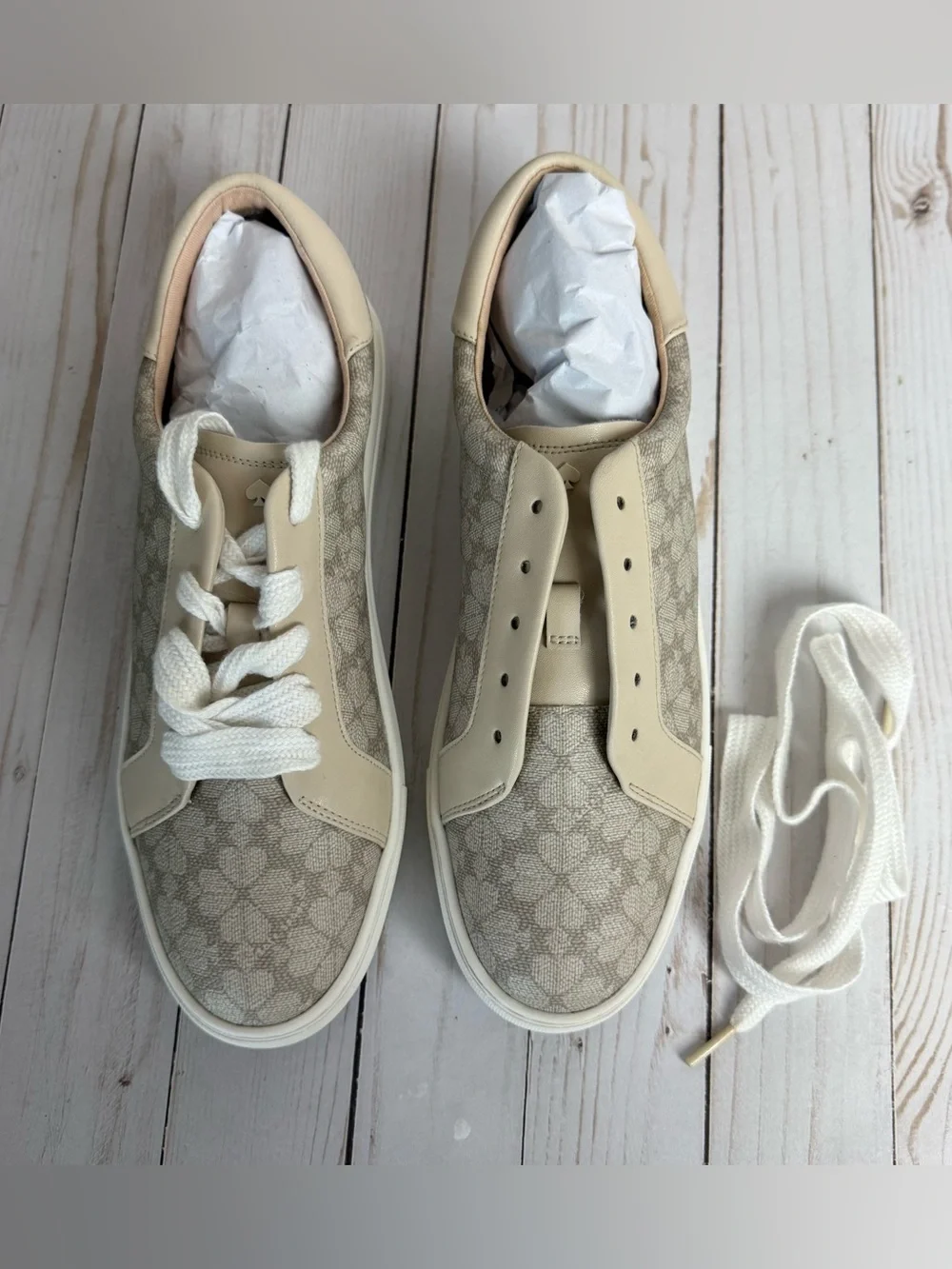 Kate Spade Taupe Erin Spade Flower Logo Sneakers Lace Up Vegan Leather